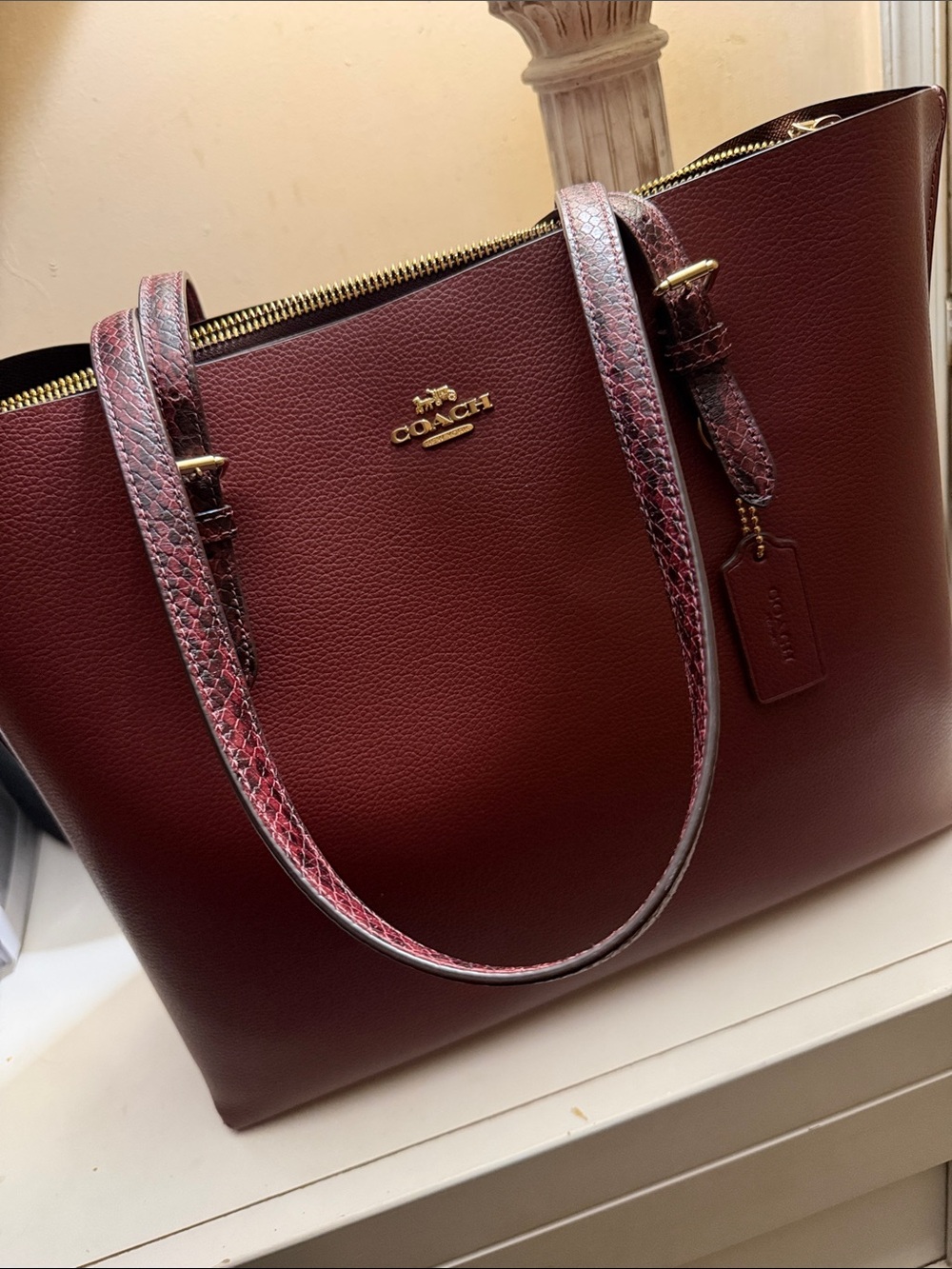 Coach Burgundy Wine Leather Mollie Tote with Snake-Print Straps